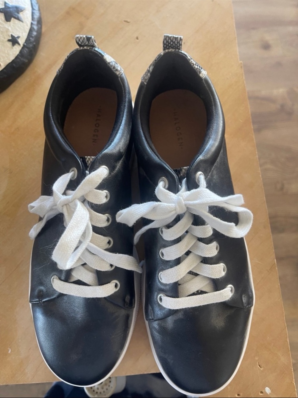 Halogen Black Leather Sneakers with White Laces